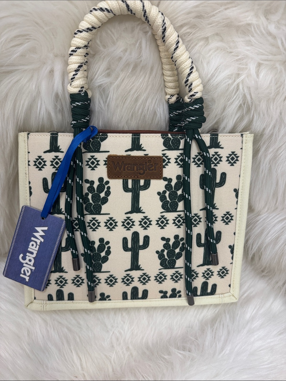 Wrangler Cream & Green Cactus-Print Rope Tote